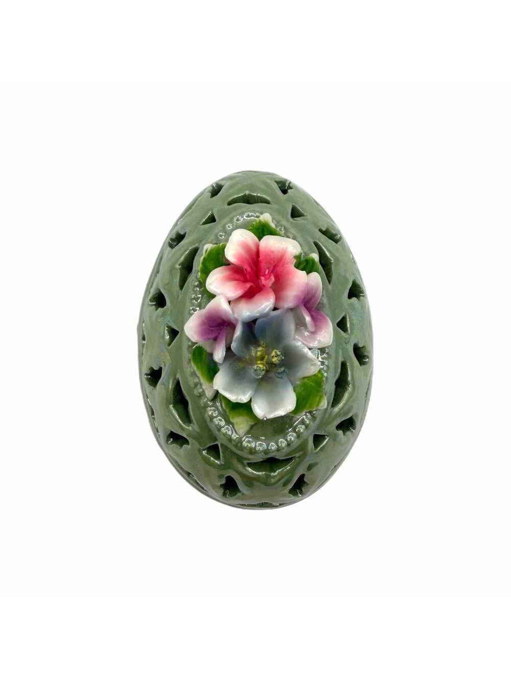 Vintage Green Lusterware Ceramic Pierced Filigree Lace Egg Trinket Box Flowers